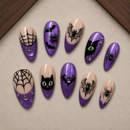 Amethyst Web Cat Eye Spooky Almond Press On Nails