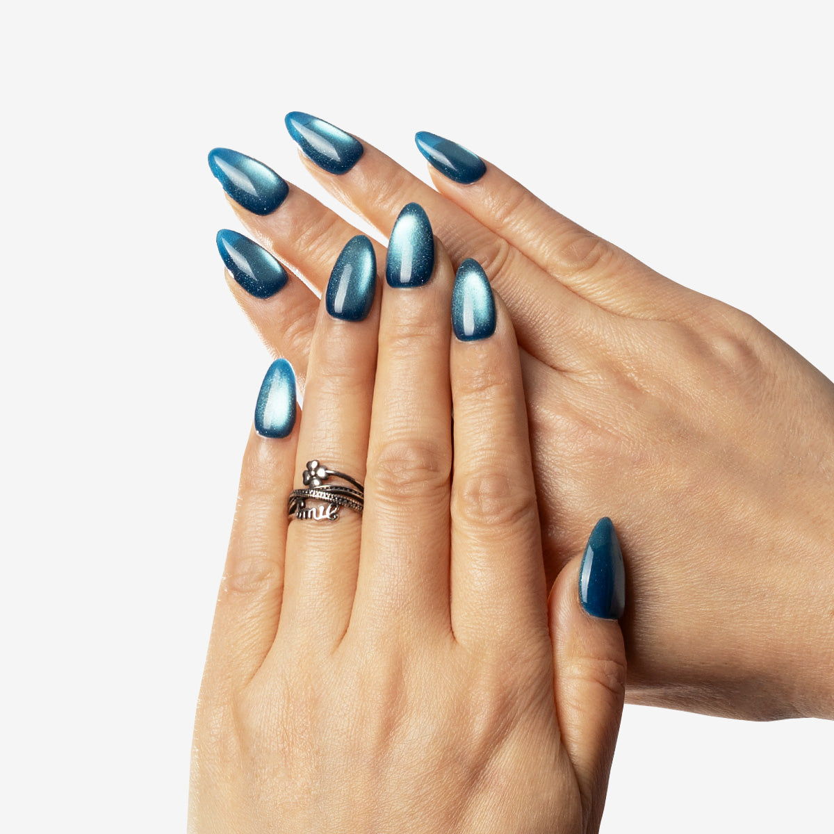 Midnight Ocean Glazed Chrome Fresh Almond Press On Nails