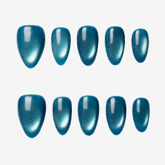 Midnight Ocean Glazed Chrome Fresh Almond Press On Nails