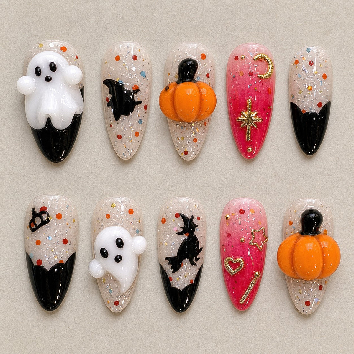 Broomstick Boo 3D Spooky Almond Press On Nails