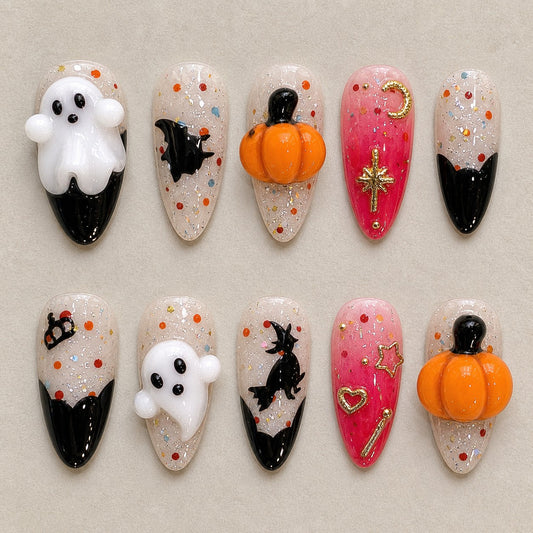 Broomstick Boo 3D Spooky Almond Press On Nails