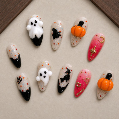 Broomstick Boo 3D Spooky Almond Press On Nails