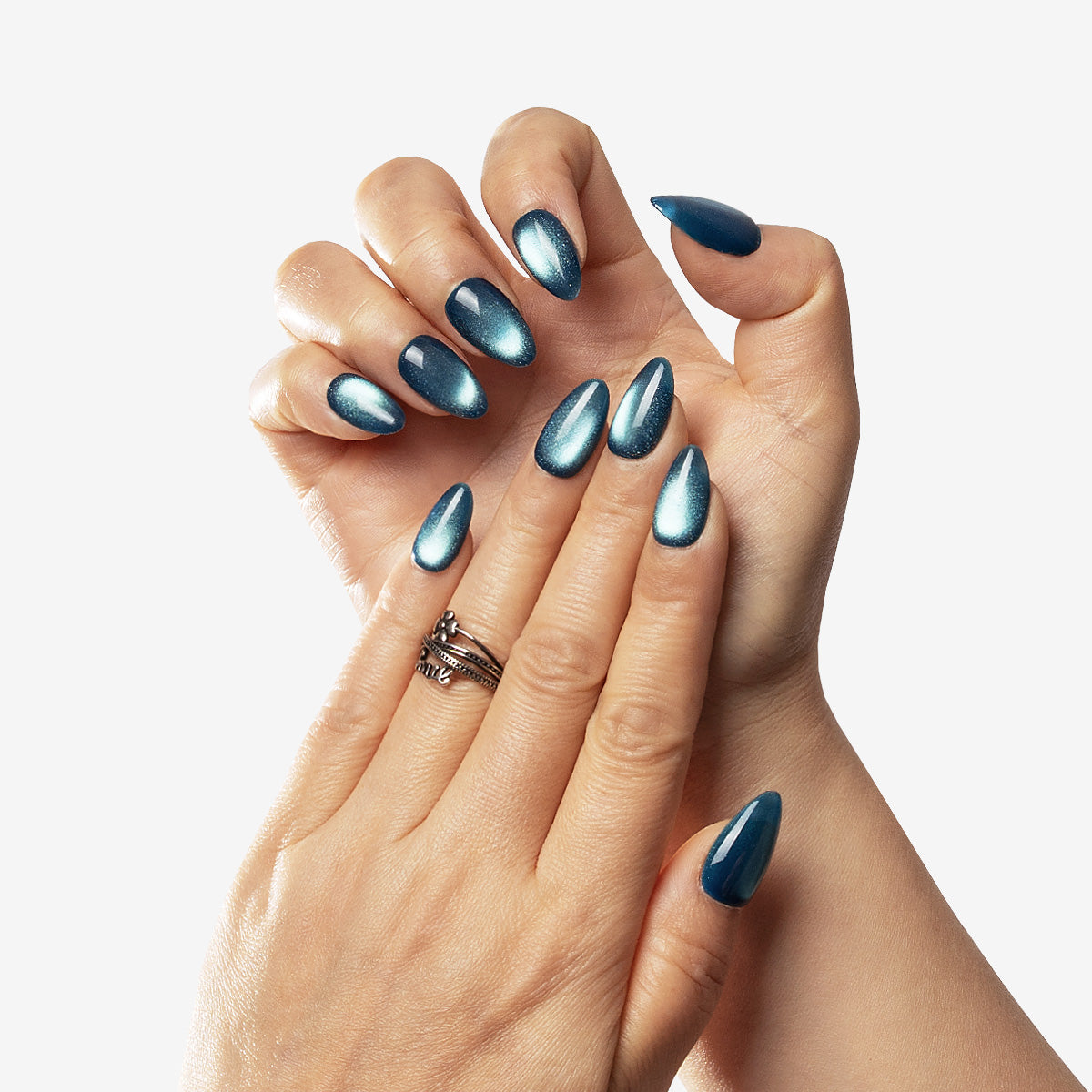 Midnight Ocean Glazed Chrome Fresh Almond Press On Nails