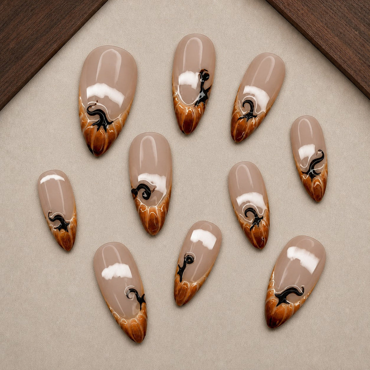 Caramel Drip French Spooky Almond Press On Nails