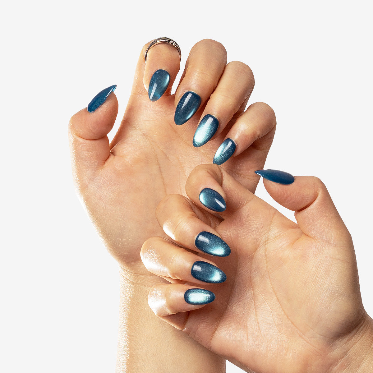Midnight Ocean Glazed Chrome Fresh Almond Press On Nails