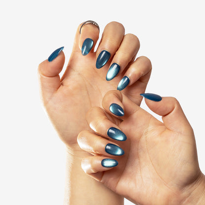 Midnight Ocean Glazed Chrome Fresh Almond Press On Nails
