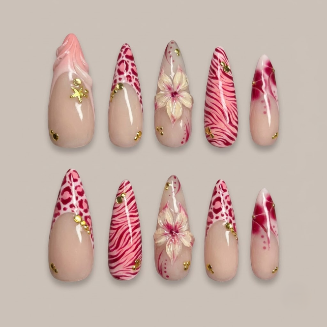 Pink Safari Wild Bloom 3D Floral Stiletto Press On Nails