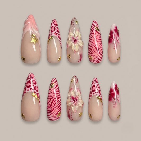 Pink Safari Wild Bloom 3D Floral Stiletto Press On Nails