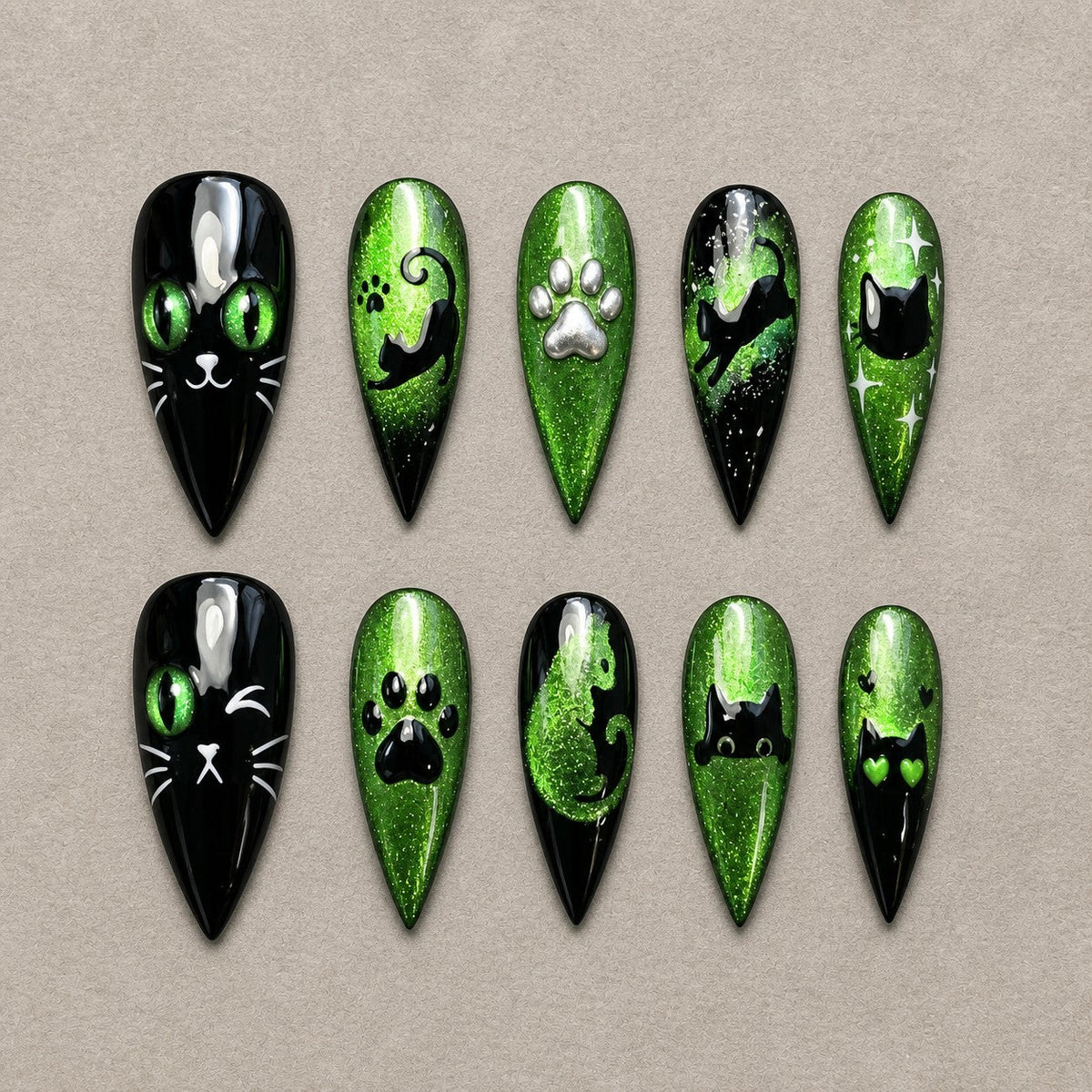 Emerald Familiar Cat Eye Spooky Stiletto Press On Nails