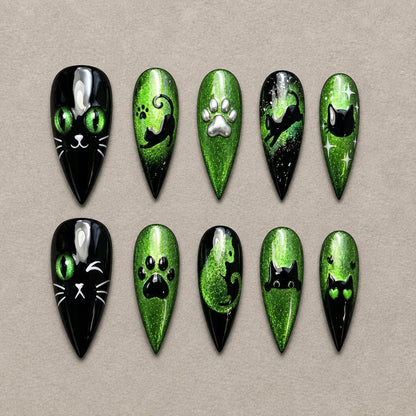 Emerald Familiar Cat Eye Spooky Stiletto Press On Nails