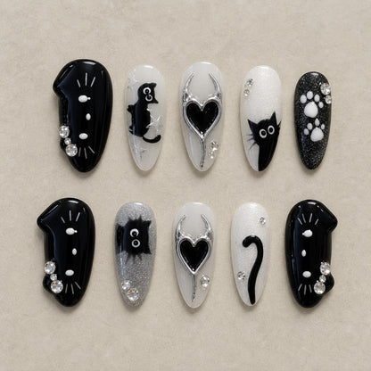Moonlit Whiskers Chrome Spooky Almond Press On Nails