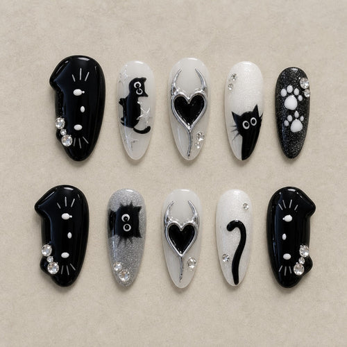 Moonlit Whiskers Chrome Spooky Almond Press On Nails
