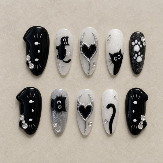 Moonlit Whiskers Chrome Spooky Almond Press On Nails
