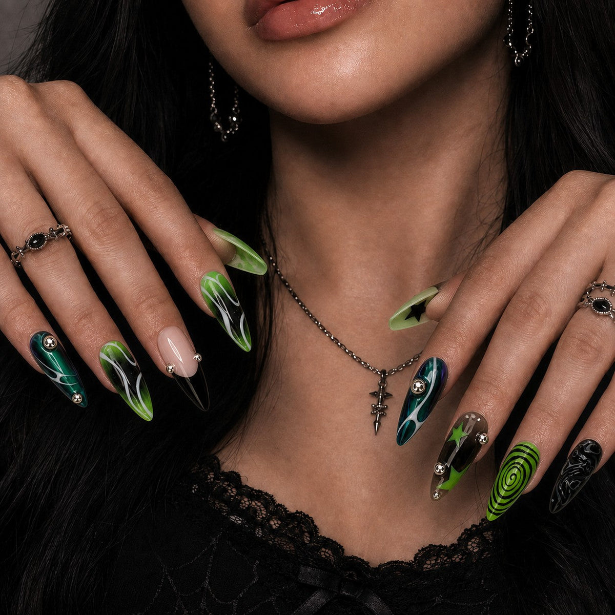 Toxic Swirl Cat Eye Spooky Almond Press On Nails