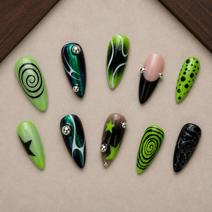 Toxic Swirl Cat Eye Spooky Almond Press On Nails